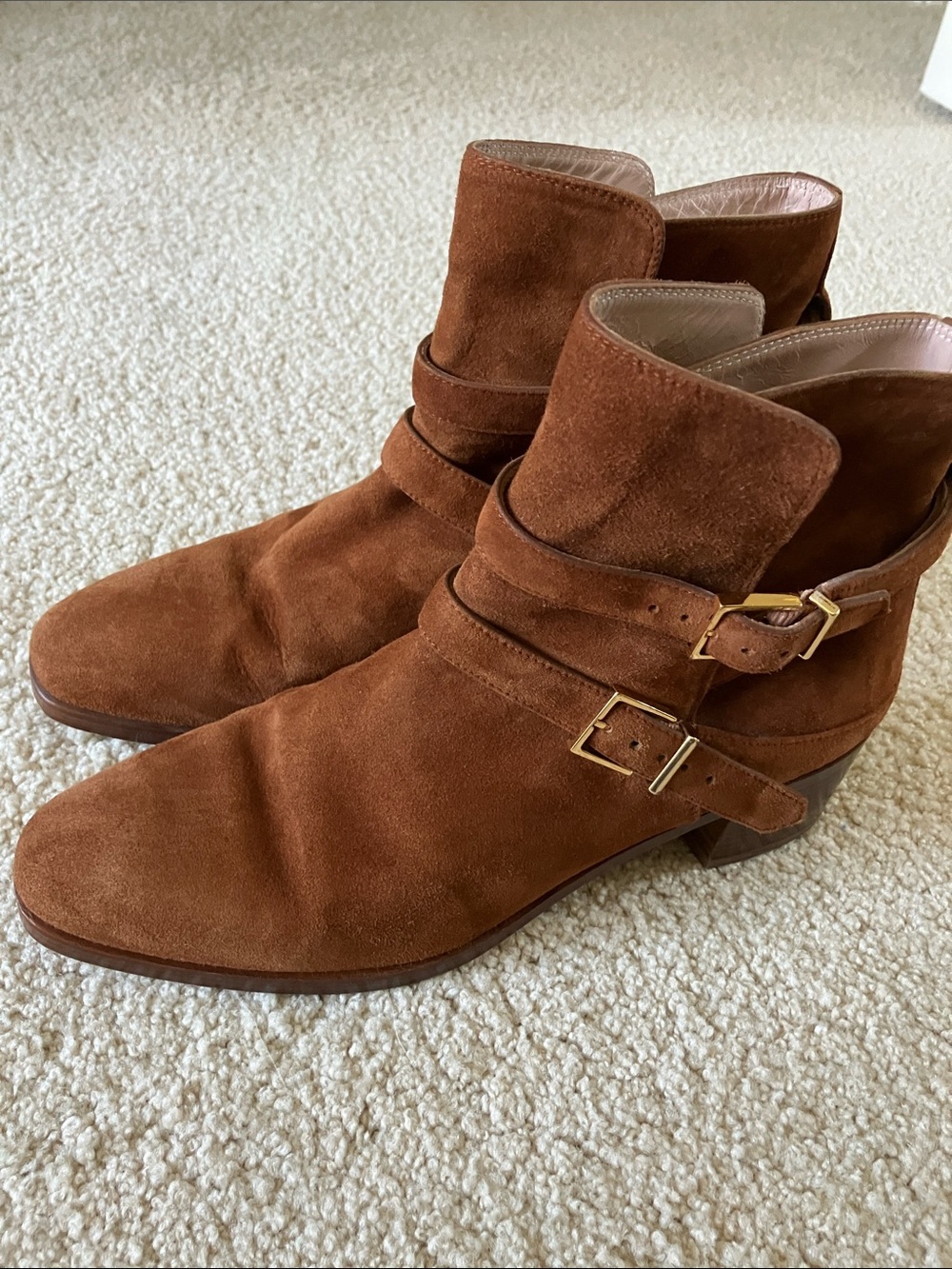 Stuart Weitzman Chestnut Suede Ankle Booties with Buckle Straps